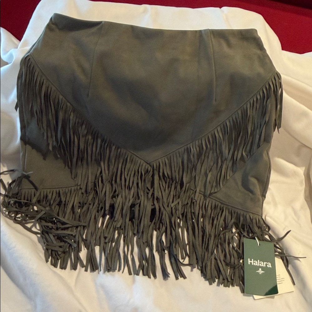 HALARA Olive Fringe Suede Mini Skirt